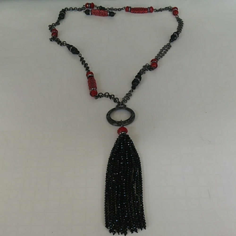 Red and Black Long Beaded Tassel Necklace